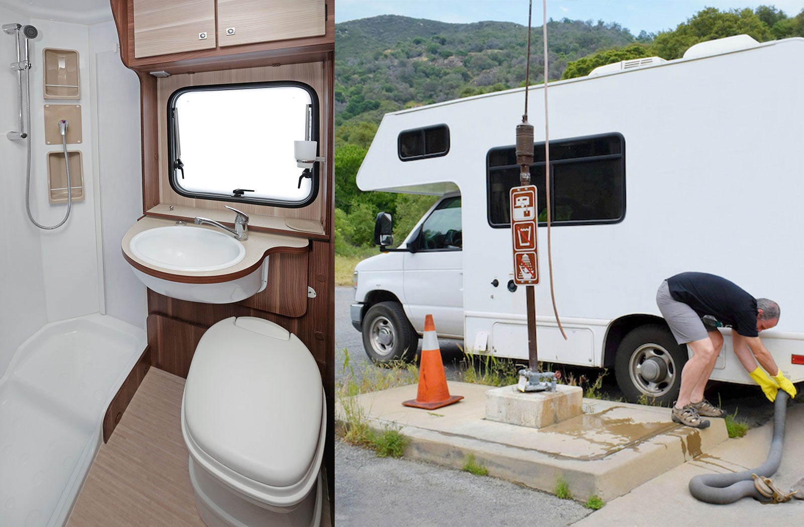 Portable RV/camper toilet and holding tank setup in Riverside, California