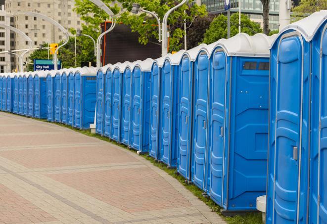 Seasonal porta potty units set up at a Riverside, California venue