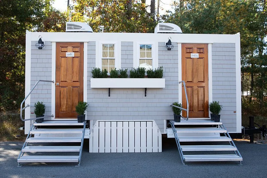 Wedding restroom units discretely staged at a venue in Riverside, California